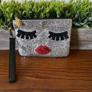 Betsy Johnson Clutch Wristlet Silver Glitter Face Lips Eyelashes NWOT